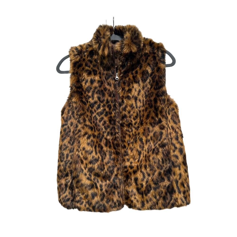 J.Crew Faux Fur Vest Womens XS Leopard Print Full Zip Pockets Lined Glam Mobwife